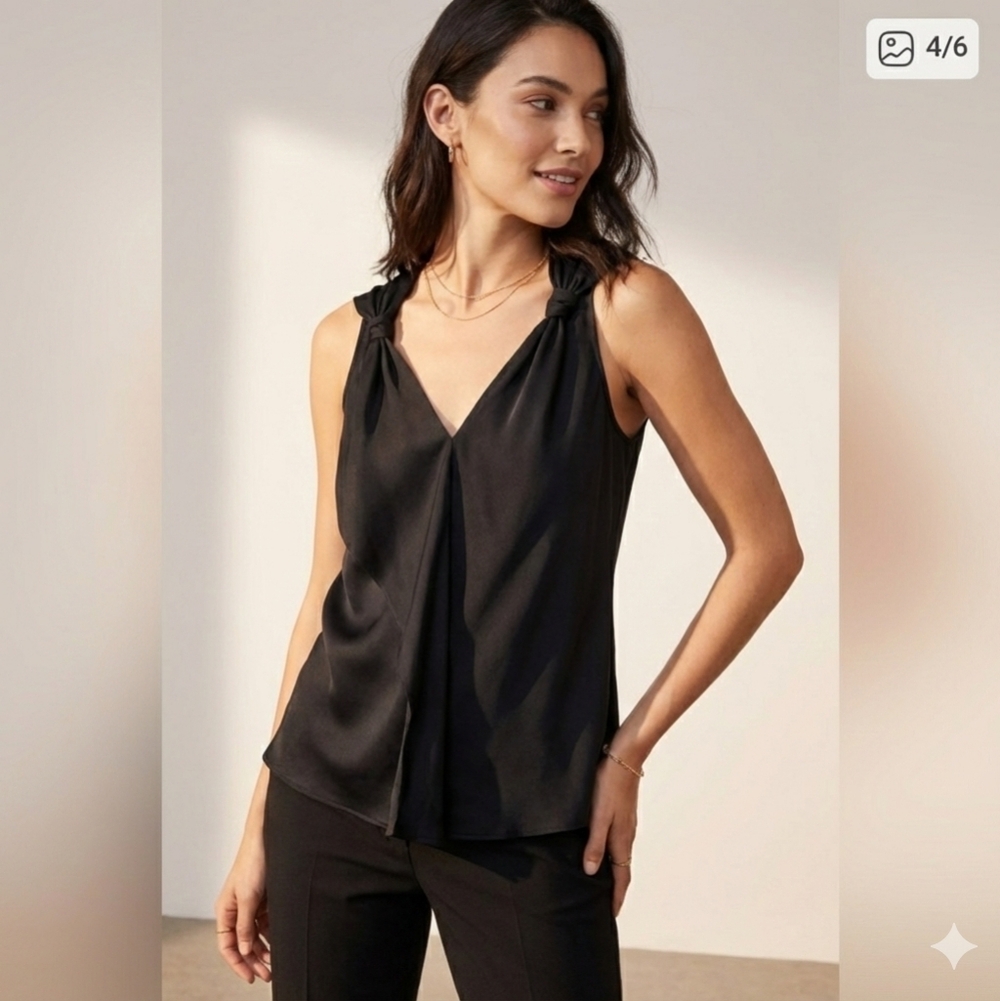 Kobi Halperin Silk Black Sleeveless V-Neck Knot-Shoulder Blouse
